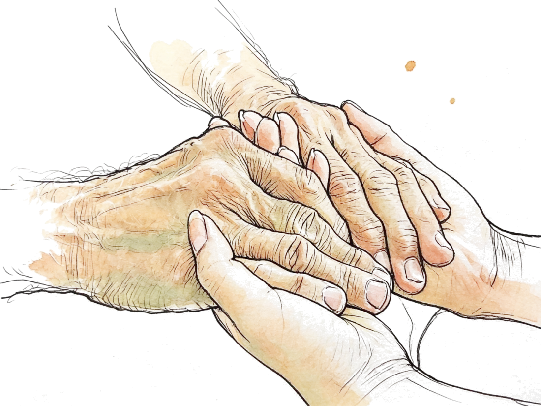 Ink and watercolor vignette of young hands gently holding an elderly person's hands