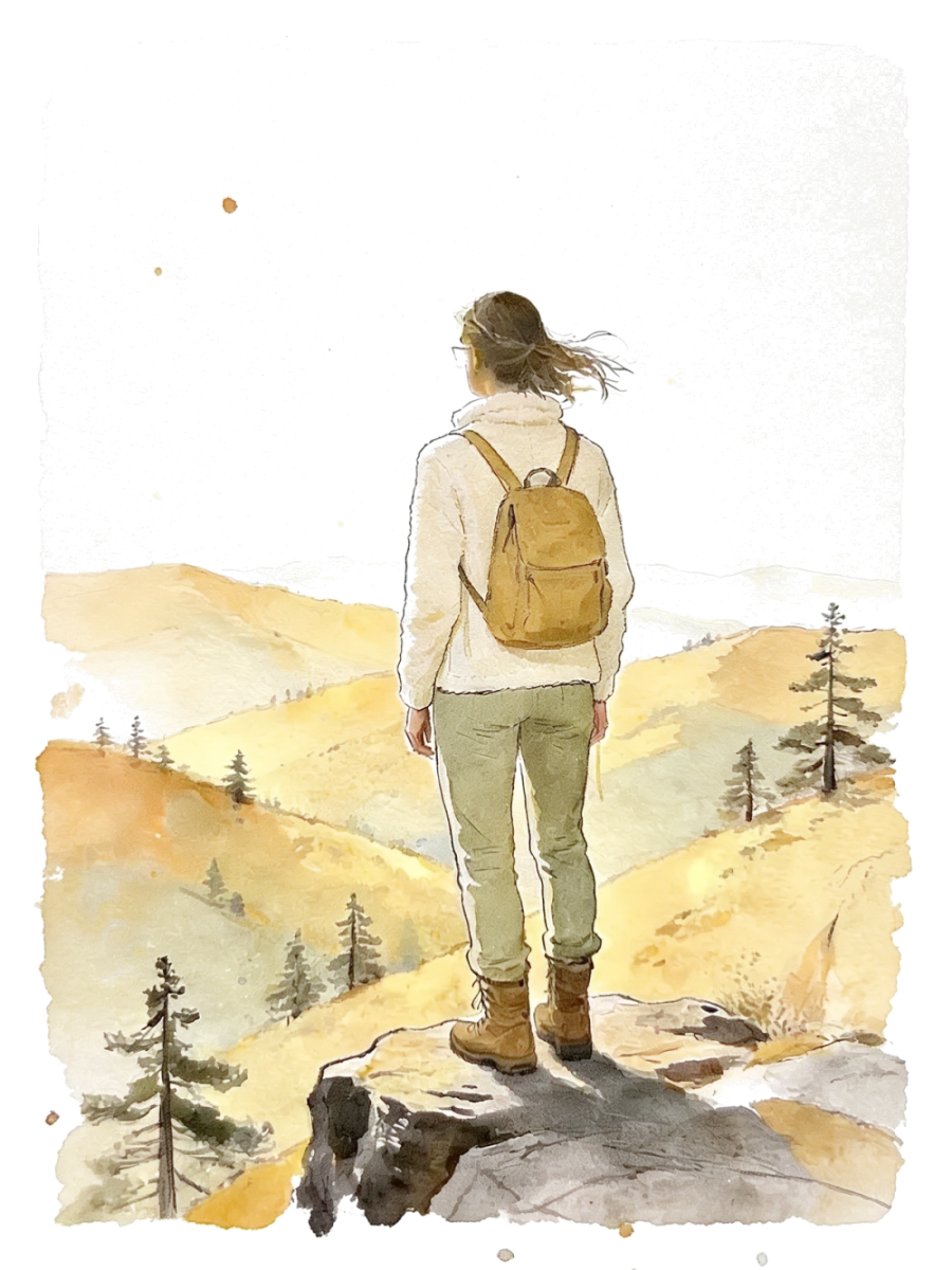 Ink and watercolor vignette of a person standing on a rocky overlook, gazing out at golden misty hills
