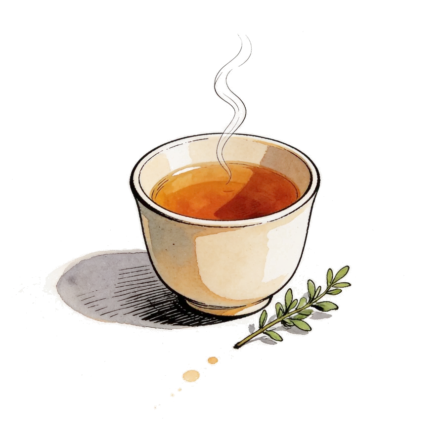 Ink and watercolor vignette of a steaming cup of tea beside a sprig of greenery