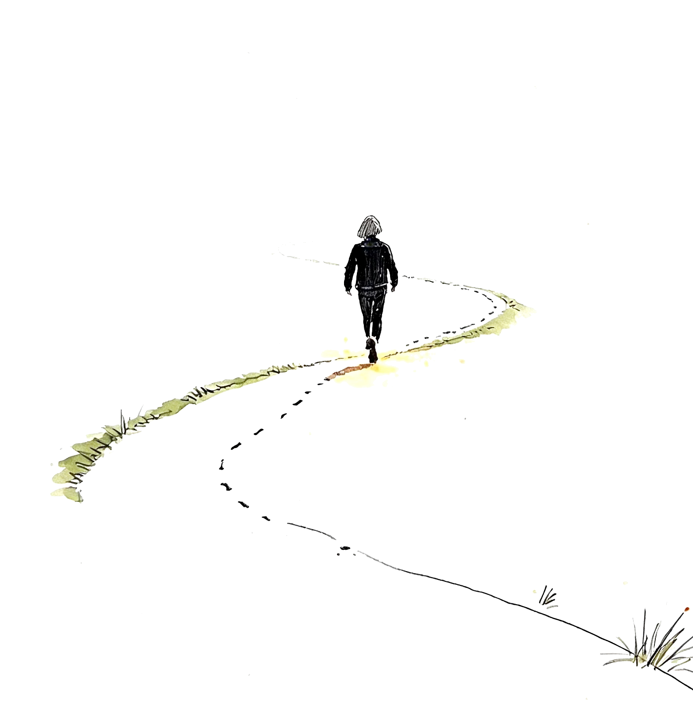 Ink drawing of a person walking a winding path that dissolves into the distance