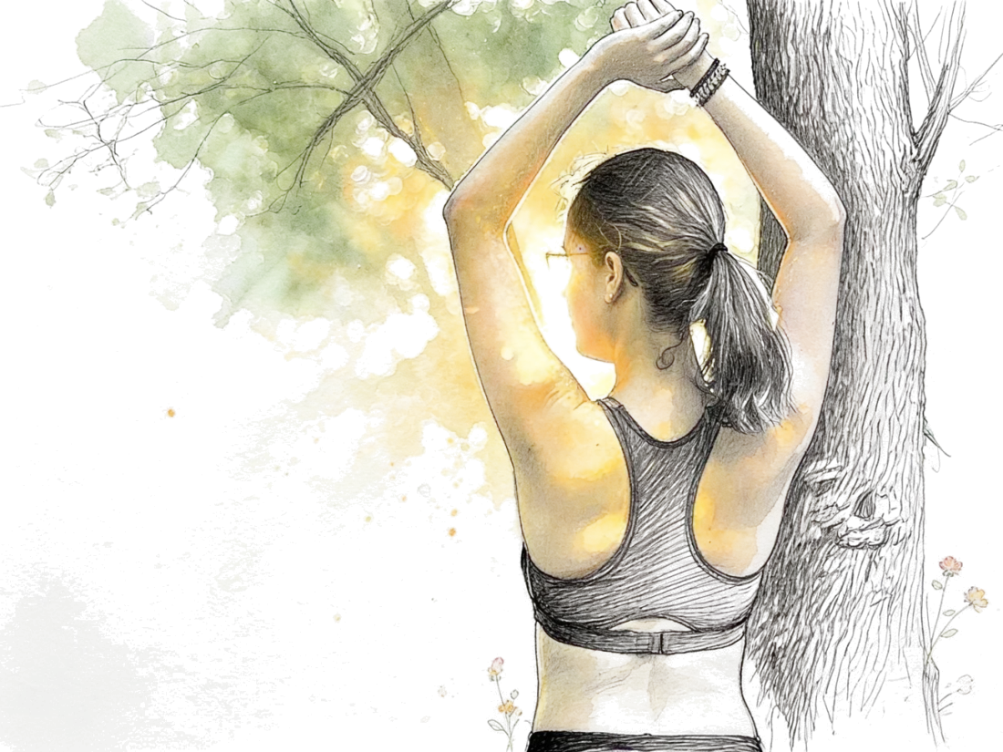 Ink and watercolor vignette of a woman stretching beneath a tree in morning light